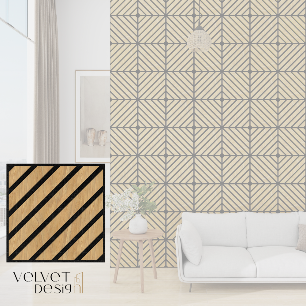 Riflaj decorativ modular Top Line, panou acustic din lamele MDF cu furnir natural si fetru PET, efect 3D, culoare Stejar Natural, 300 x 300 x 18 mm, atenuare zgomot 80% (NRC 0.8), Velvet Design