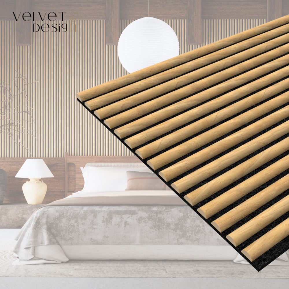 Riflaj decorativ ArcoLine, panou acustic din lamele rotunjite MDF cu furnir natural si baza fetru PET, culoare Stejar Royal, 2400 x 600 x 21 mm, 1.44 mp suprafata acoperita, atenuare zgomot 80% (NRC 0.8), Velvet Design