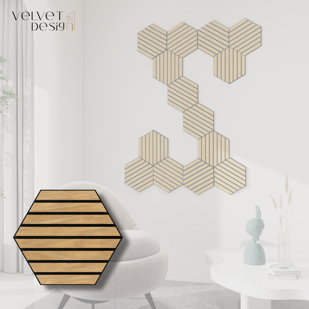 Riflaj decorativ modular 3D, panou acustic hexagonal din MDF cu furnir natural, culoare Stejar Natur, 300x260x18mm, atenuare zgomot 80% (NRC 0.8), Velvet Design