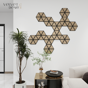 Riflaj decorativ modular 3D, panou acustic hexagonal din MDF cu furnir natural, culoare Nuc Satinat, 300x260x18mm, atenuare zgomot 80% (NRC 0.8), Velvet Design)