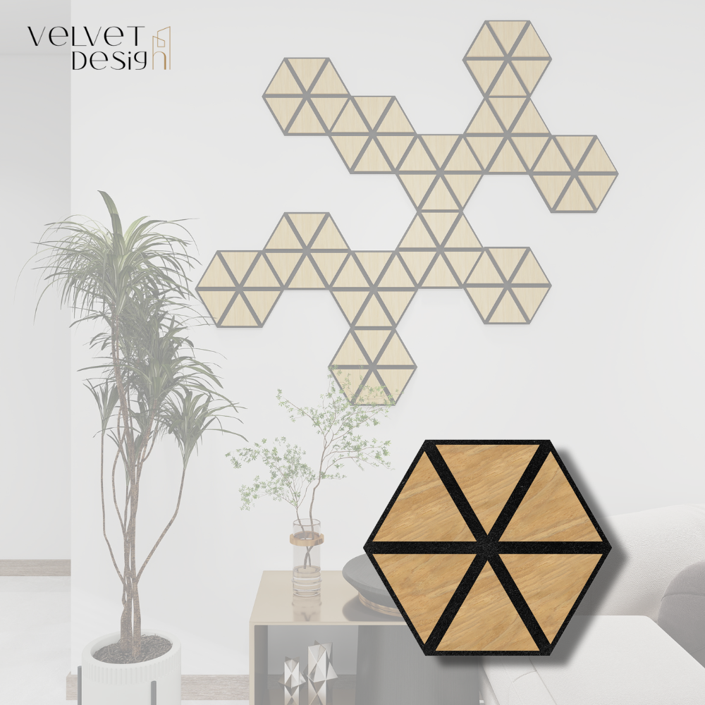Riflaj decorativ modular 3D, panou acustic hexagonal din MDF cu furnir natural, culoare Stejat Natural, 300x260x18mm, atenuare zgomot 80% (NRC 0.8), Velvet Design)