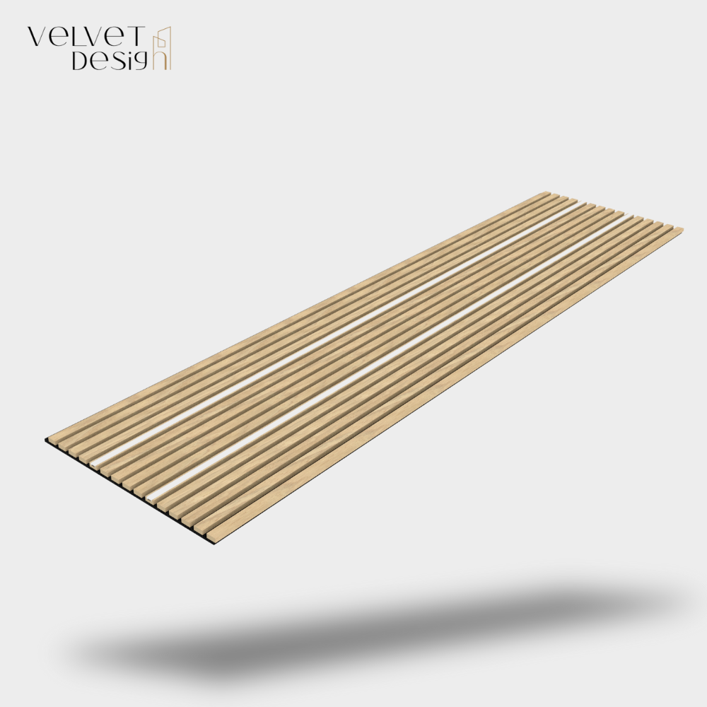 Riflaj decorativ LED Line, panou acustic din lamele MDF cu furnir natural, 2 lamele semitransparente pentru iluminare LED si baza fetru PET, culoare Stejar Royal, 2400 x 600 x 21 mm, 1.44 mp suprafata acoperita, atenuare zgomot 80% (NRC 0.8)