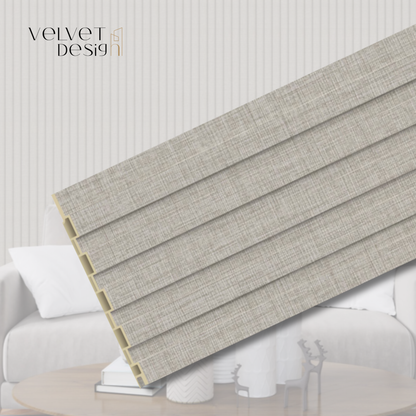 Panou decorativ din PVC (Policlorura de Vinil), Usor, Durabil, Rezistent la Umiditate, Mucegai si Uzura, Culoare Gri Taupe cu textura textila de in, 2.85 x 0.17 m, grosime 9 mm, VelvetDesign