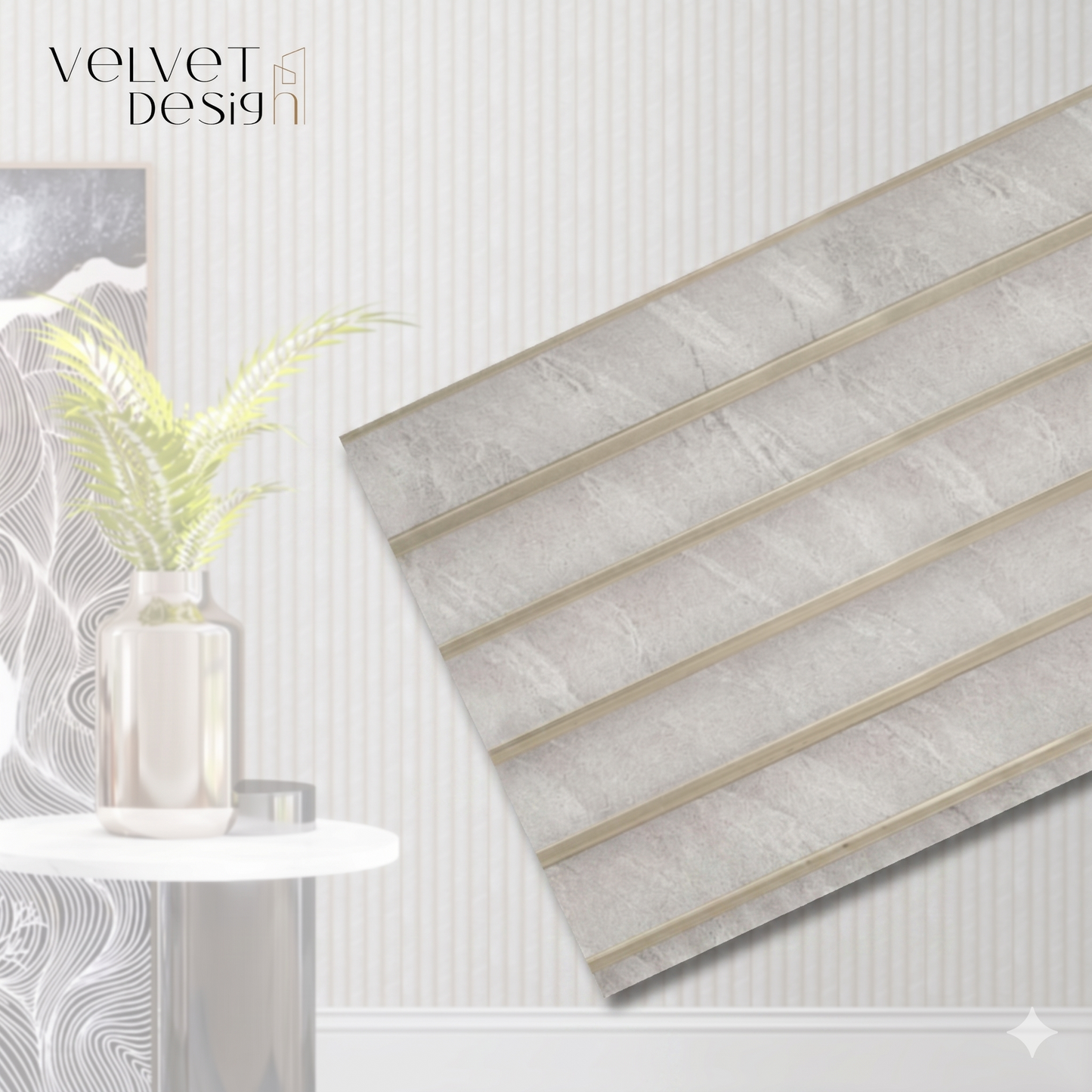 Panou decorativ din PS (Polimer Solid de Inalta Densitate), Durabil, Rezistent la Umiditate, Mucegai si Impact, Culoare Gri Marmorat cu detalii aurii, 2.85 x 0.148 m, grosime 11 mm, VelvetDesign