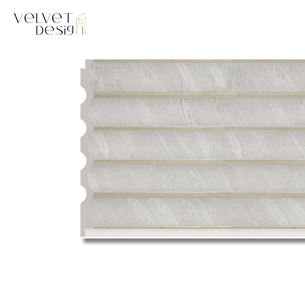 Panou decorativ din PS (Polimer Solid de Inalta Densitate), Durabil, Rezistent la Umiditate, Mucegai si Impact, Culoare Gri Marmorat cu detalii aurii, 2.85 x 0.148 m, grosime 11 mm, VelvetDesign