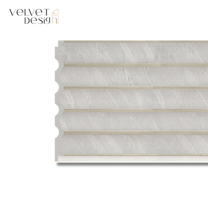 Panou decorativ din PS (Polimer Solid de Inalta Densitate), Durabil, Rezistent la Umiditate, Mucegai si Impact, Culoare Gri Marmorat cu detalii aurii, 2.85 x 0.148 m, grosime 11 mm, VelvetDesign