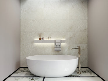 Panou SPC Premium StoneLine, Impermeabil si Ultra-Durabil, Finisaj mat, 900 x 450 x 4 mm (0.41 mp suprafata acoperita), culoare Bej Marmura, Velvet Design