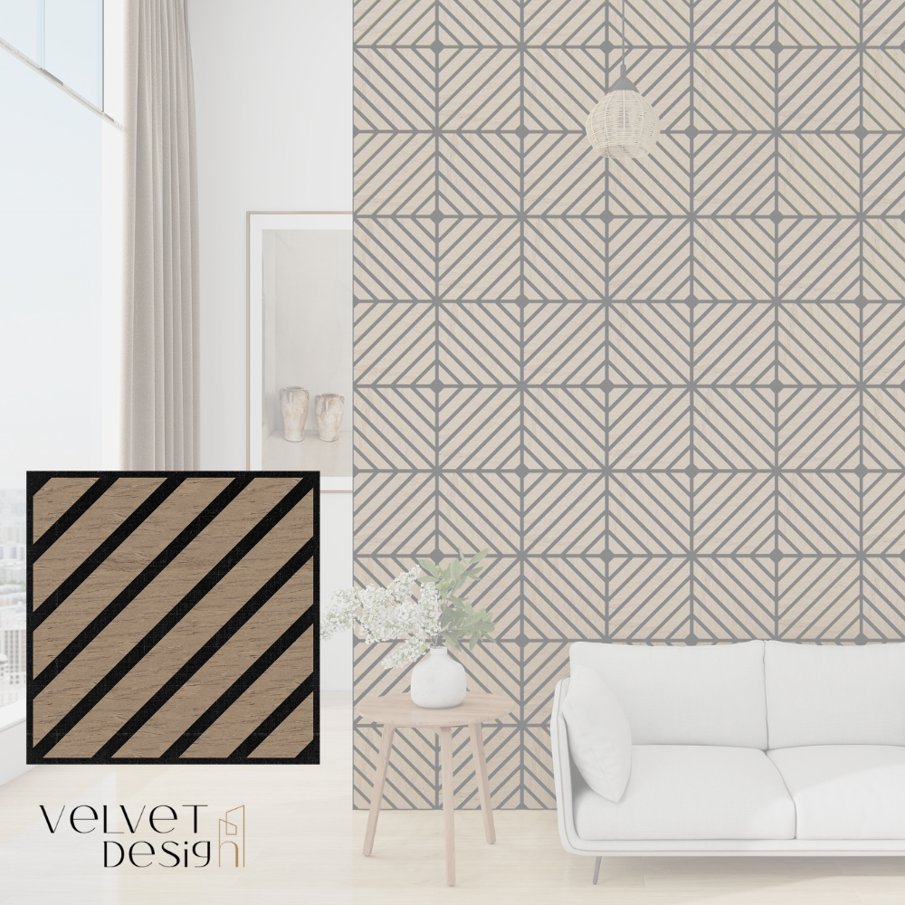 Riflaj decorativ modular Top Line, panou acustic din lamele MDF cu furnir natural si fetru PET, efect 3D, culoare Nuc Satinat, 300 x 300 x 18 mm, atenuare zgomot 80% (NRC 0.8), Velvet Design