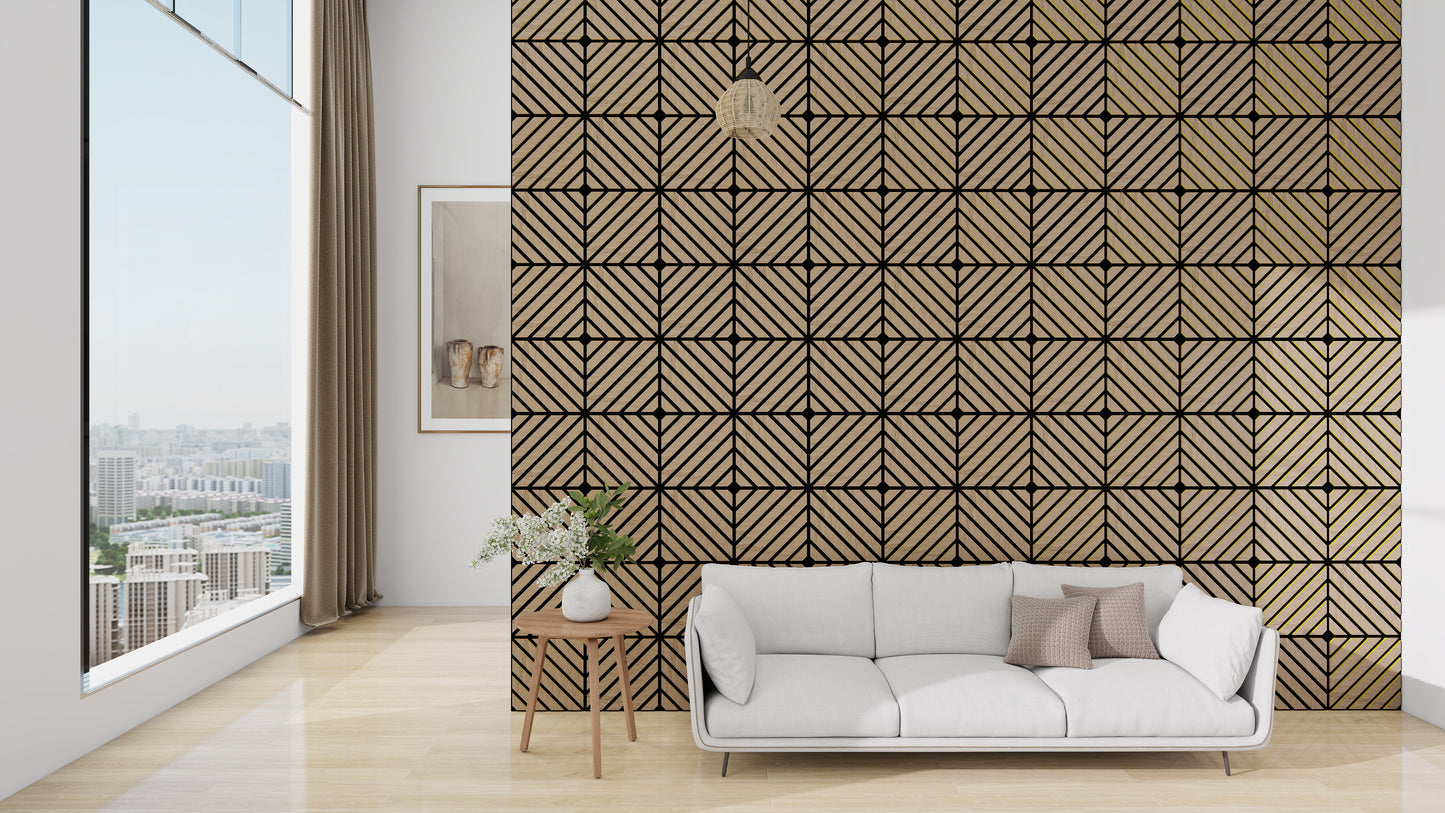 Riflaj decorativ modular Top Line, panou acustic din lamele MDF cu furnir natural si fetru PET, efect 3D, culoare Nuc Satinat, 300 x 300 x 18 mm, atenuare zgomot 80% (NRC 0.8), Velvet Design
