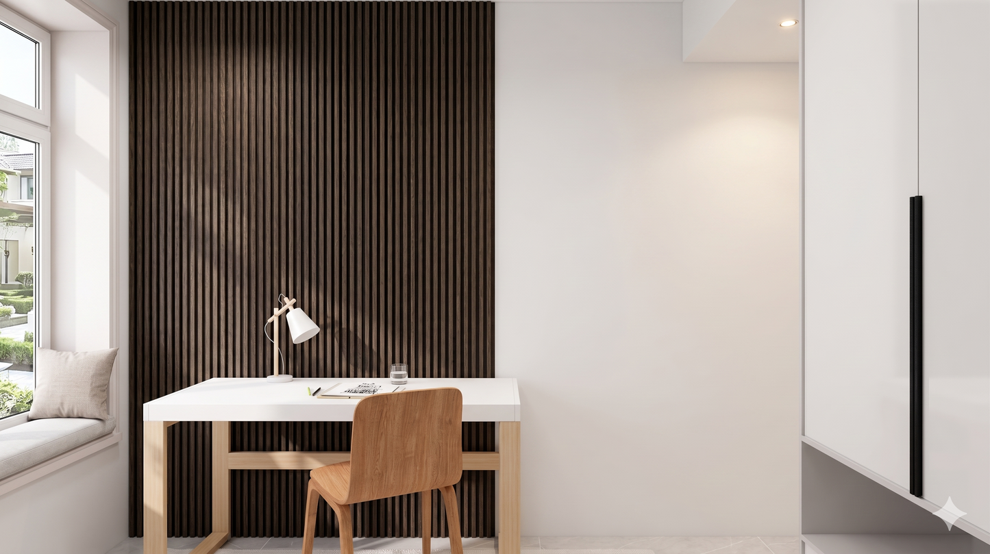 Riflaj decorativ ArcoLine, panou acustic din lamele rotunjite MDF cu furnir natural si baza fetru PET, culoare Wenge Royal, 2400 x 600 x 21 mm, 1.44 mp suprafata acoperita, atenuare zgomot 80% (NRC 0.8), Velvet Design