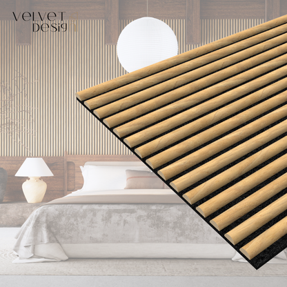 Riflaj decorativ ArcoLine, panou acustic din lamele rotunjite MDF cu furnir natural si baza fetru PET, culoare Stejar Royal, 2400 x 600 x 21 mm, 1.44 mp suprafata acoperita, atenuare zgomot 80% (NRC 0.8), Velvet Design