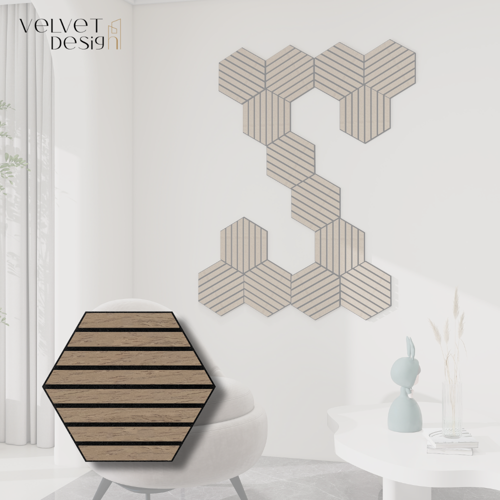 Riflaj decorativ modular 3D, panou acustic hexagonal din MDF cu furnir natural, culoare Nuc Satinat, 300x260x18mm, atenuare zgomot 80% (NRC 0.8), Velvet Design