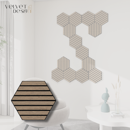 Riflaj decorativ modular 3D, panou acustic hexagonal din MDF cu furnir natural, culoare Nuc Satinat, 300x260x18mm, atenuare zgomot 80% (NRC 0.8), Velvet Design