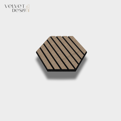 Riflaj decorativ modular 3D, panou acustic hexagonal din MDF cu furnir natural, culoare Nuc Satinat, 300x260x18mm, atenuare zgomot 80% (NRC 0.8), Velvet Design