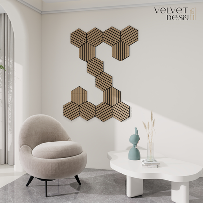 Riflaj decorativ modular 3D, panou acustic hexagonal din MDF cu furnir natural, culoare Nuc Satinat, 300x260x18mm, atenuare zgomot 80% (NRC 0.8), Velvet Design