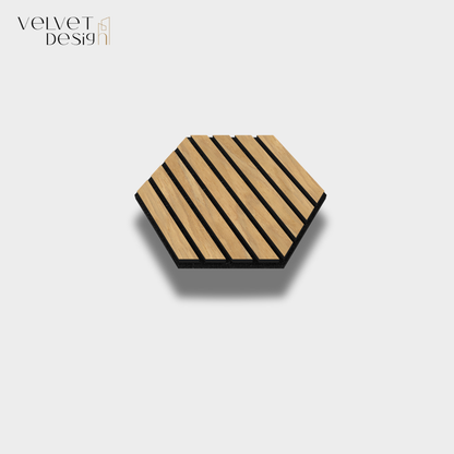 Riflaj decorativ modular 3D, panou acustic hexagonal din MDF cu furnir natural, culoare Stejar Natur, 300x260x18mm, atenuare zgomot 80% (NRC 0.8), Velvet Design
