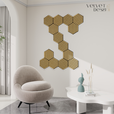 Riflaj decorativ modular 3D, panou acustic hexagonal din MDF cu furnir natural, culoare Stejar Natur, 300x260x18mm, atenuare zgomot 80% (NRC 0.8), Velvet Design