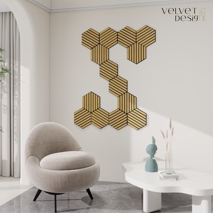 Riflaj decorativ modular 3D, panou acustic hexagonal din MDF cu furnir natural, culoare Stejar Natur, 300x260x18mm, atenuare zgomot 80% (NRC 0.8), Velvet Design