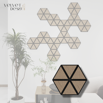 Riflaj decorativ modular 3D, panou acustic hexagonal din MDF cu furnir natural, culoare Nuc Satinat, 300x260x18mm, atenuare zgomot 80% (NRC 0.8), Velvet Design)