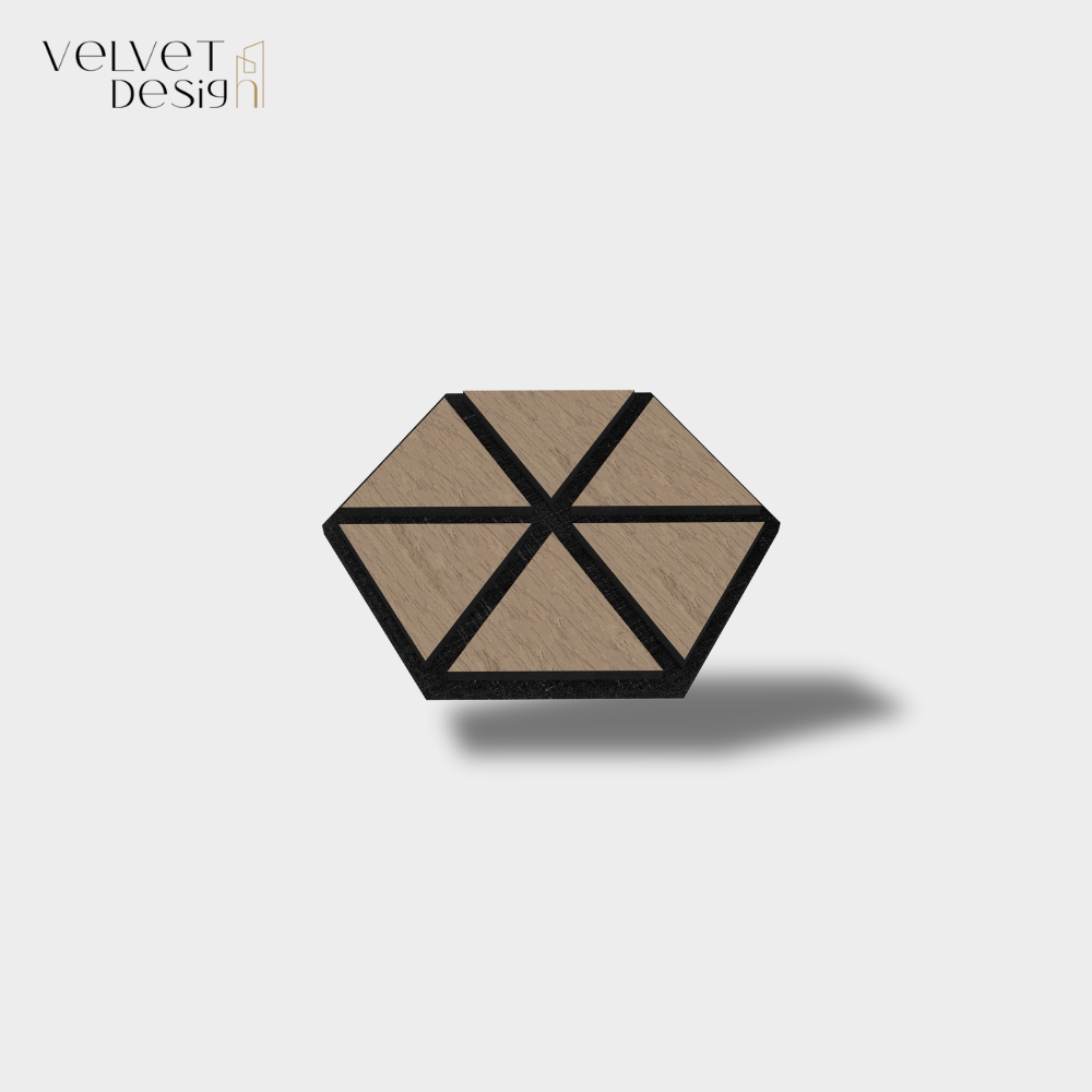 Riflaj decorativ modular 3D, panou acustic hexagonal din MDF cu furnir natural, culoare Nuc Satinat, 300x260x18mm, atenuare zgomot 80% (NRC 0.8), Velvet Design)