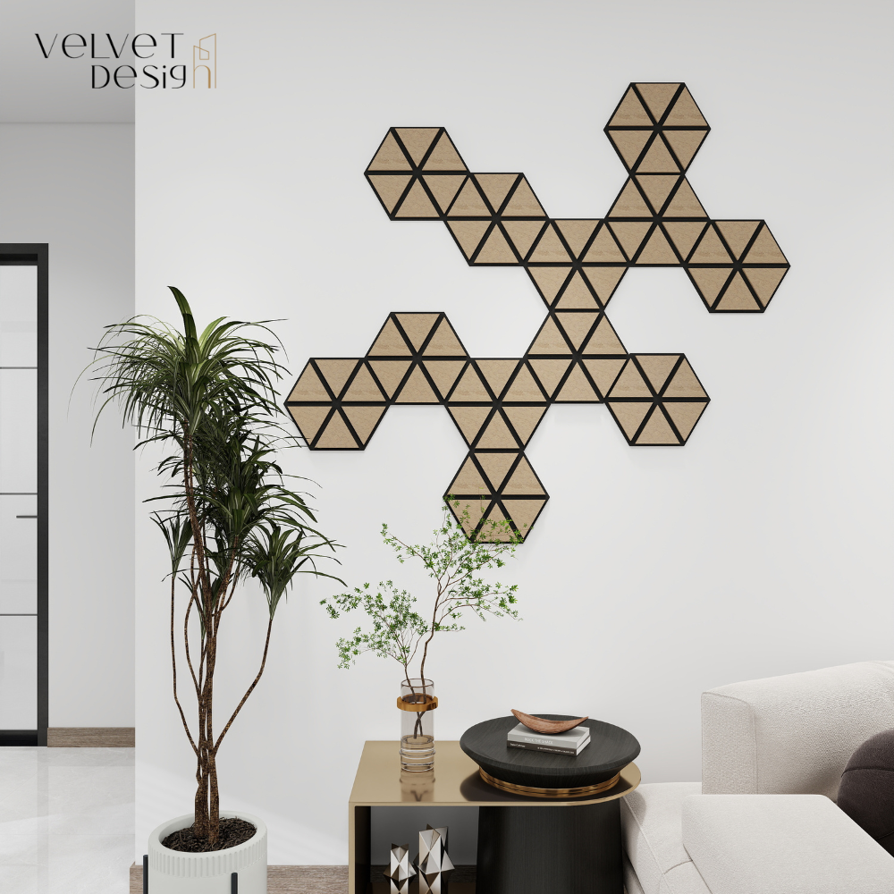 Riflaj decorativ modular 3D, panou acustic hexagonal din MDF cu furnir natural, culoare Nuc Satinat, 300x260x18mm, atenuare zgomot 80% (NRC 0.8), Velvet Design)