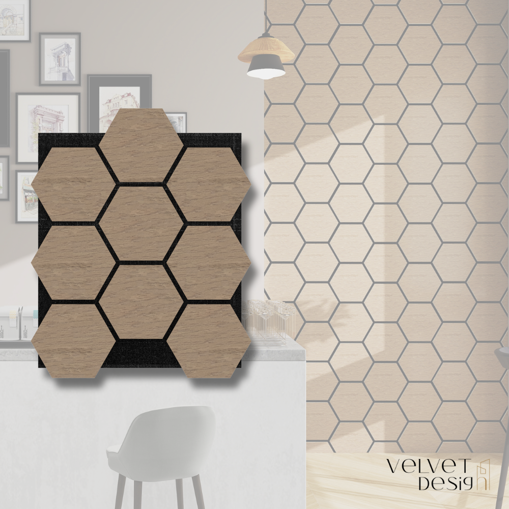 Set 8 produse - Riflaj decorativ modular Top Line, panou acustic MDF cu furnir natural si fetru PET, culoare Nuc Satinat, 760 x 620 x 18 mm (0.47 mp suprafata acoperita), atenuare zgomot 80% (NRC 0.8), Velvet Design