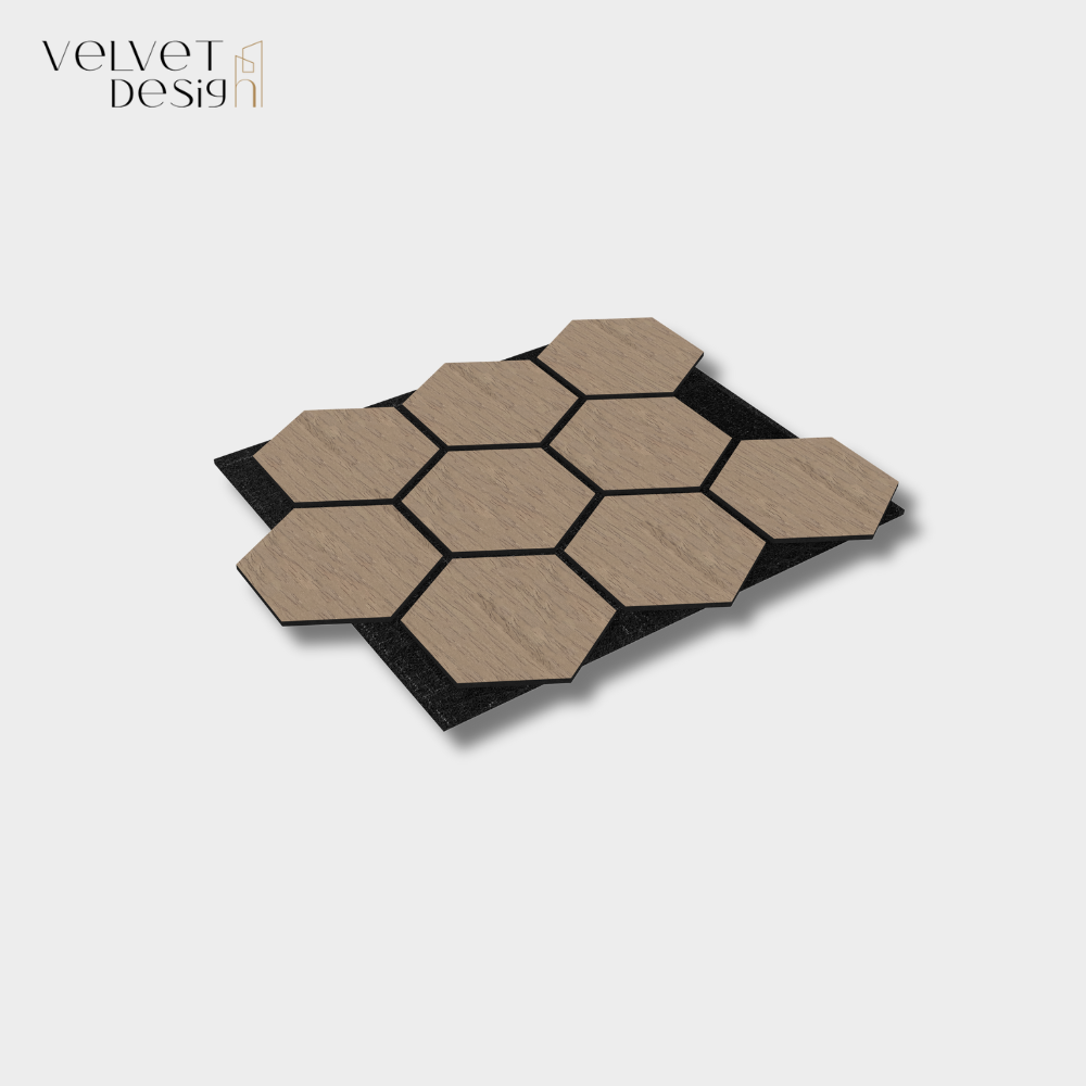 Set 8 produse - Riflaj decorativ modular Top Line, panou acustic MDF cu furnir natural si fetru PET, culoare Nuc Satinat, 760 x 620 x 18 mm (0.47 mp suprafata acoperita), atenuare zgomot 80% (NRC 0.8), Velvet Design