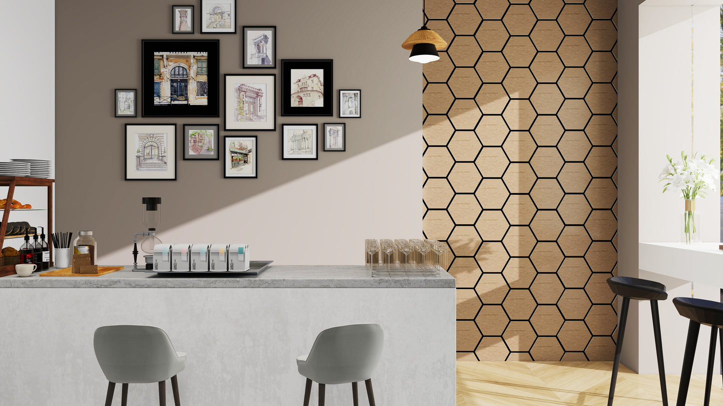 Set 8 produse - Riflaj decorativ modular Top Line, panou acustic MDF cu furnir natural si fetru PET, culoare Nuc Satinat, 760 x 620 x 18 mm (0.47 mp suprafata acoperita), atenuare zgomot 80% (NRC 0.8), Velvet Design