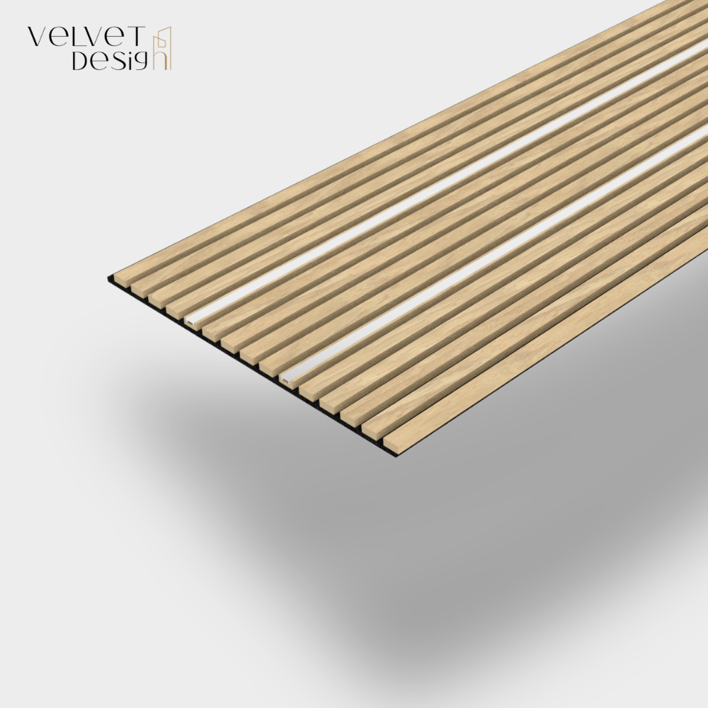 Riflaj decorativ LED Line, panou acustic din lamele MDF cu furnir natural, 2 lamele semitransparente pentru iluminare LED si baza fetru PET, culoare Stejar Royal, 2400 x 600 x 21 mm, 1.44 mp suprafata acoperita, atenuare zgomot 80% (NRC 0.8)