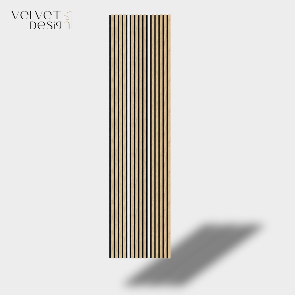 Riflaj decorativ LED Line, panou acustic din lamele MDF cu furnir natural, 2 lamele semitransparente pentru iluminare LED si baza fetru PET, culoare Stejar Royal, 2400 x 600 x 21 mm, 1.44 mp suprafata acoperita, atenuare zgomot 80% (NRC 0.8)
