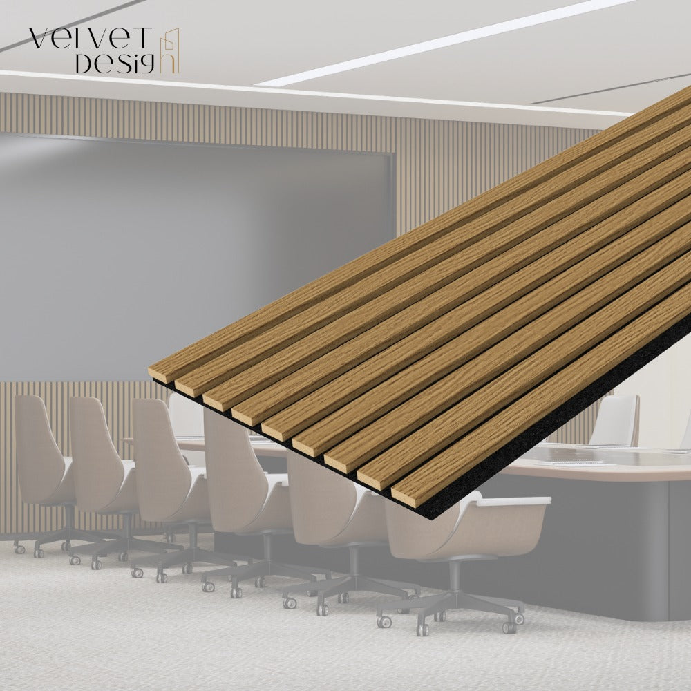 Riflaj decorativ Pro Line, panou acustic din lamele MDF si fetru PET, culoare Nuc auriu, 1200 x 360 x 14 mm, 0.43 mp suprafata acoperita, atenuare zgomot 80% (NRC 0.8), Velvet Design