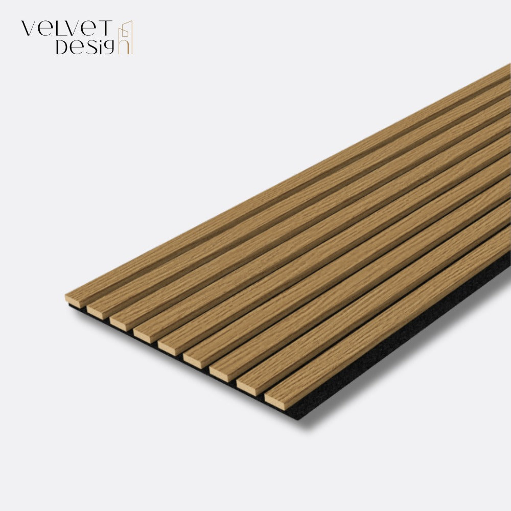 Riflaj decorativ Pro Line, panou acustic din lamele MDF si fetru PET, culoare Nuc auriu, 1200 x 360 x 14 mm, 0.43 mp suprafata acoperita, atenuare zgomot 80% (NRC 0.8), Velvet Design